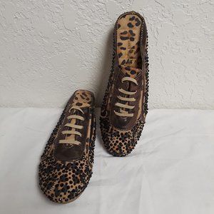 Joan Boyce Leopard & Bronze Jeweled Slip on Sporty Mules 6.5
